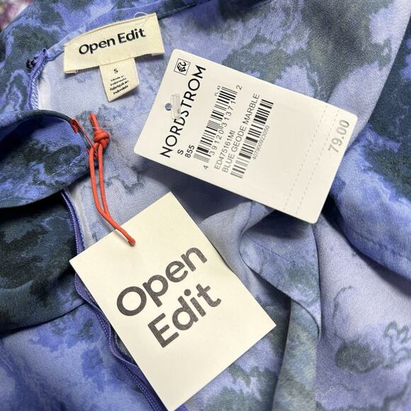 New Open Edit‎ Marbled Long Sleeve Midi Dress Blue Geode Slit Puff Sleeve Size S - Picture 9 of 11